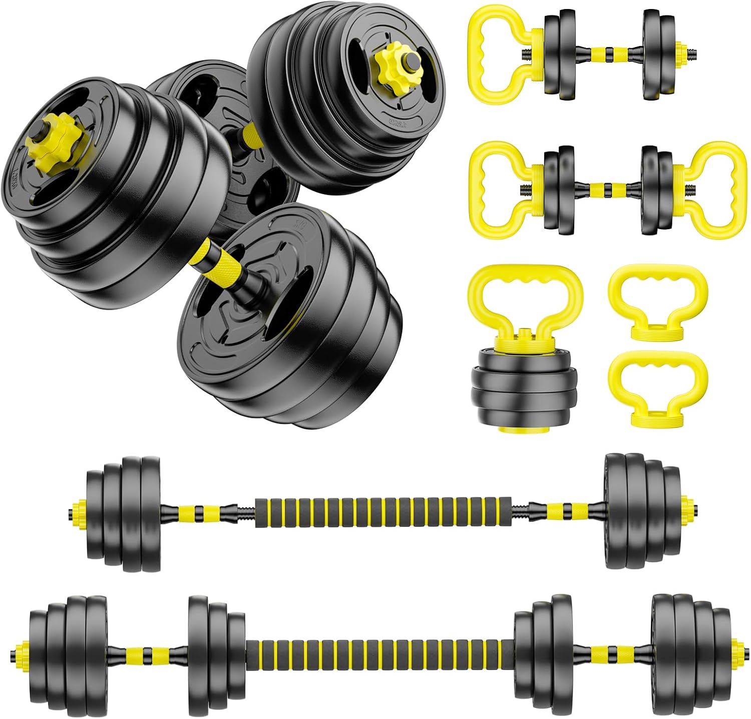 Dumbbell Set - 調整可能なダンベルセット、10～90ポンドのフリーウェイト（コネクター付き）- 4 in 1 ダンベル、バーベル、ケトルベル＆プッシュアップスタンド