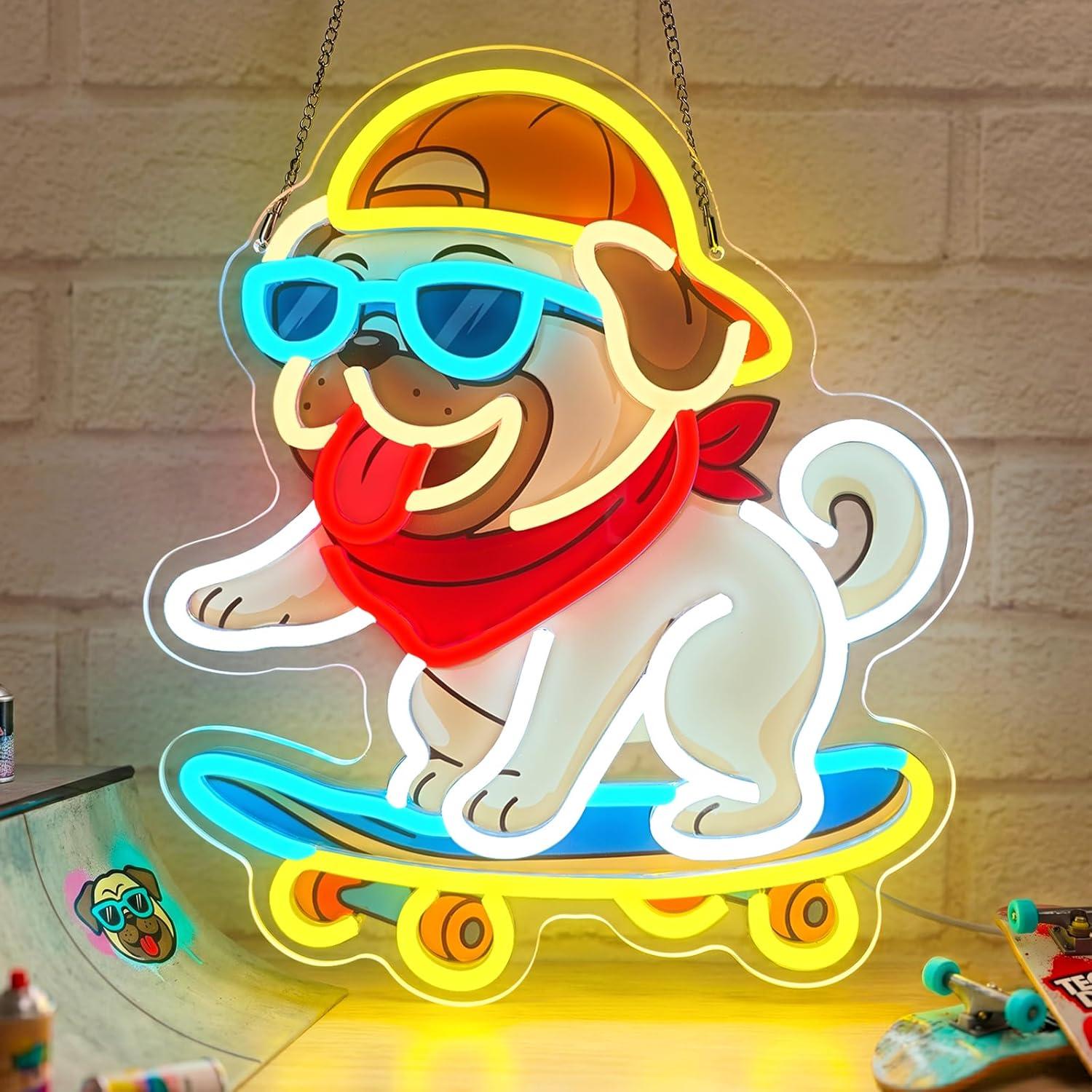 Skateboard - スケートボード犬のネオンサイン、調光機能付きLEDライト。寝室、ゲームルーム、男性の趣味の部屋の装飾に。犬好きへのプレゼントに最適。壁掛けライト。
