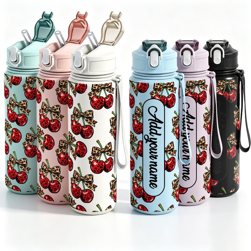 Sports Water Bottle Insulated - パーソナライズされた25オンス大型チェリー柄漏れ防止プラスチック製ウォーターボトル、アウトドア、ジム、ハイキング、学校、誕生日パーティーのギフトに最適